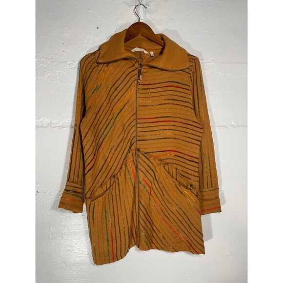 Soft Surroundings Mustard Stripe Zip Cardigan Jacket Asymmetrical Pockets Size L - Picture 2 of 14